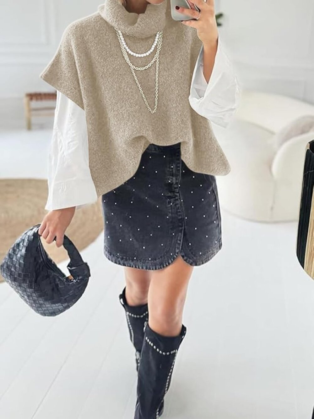 Women's Beige Short Batwing Sleeve Loose Fit Lightweight Turtleneck Sweaters - Picture 6 of 7